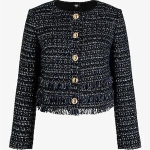 EXPRESS Tweed Fringe Novelty Button Jacket BLACK & Blue Women's Small Nwt in pkg